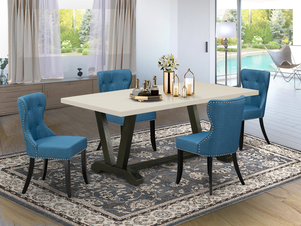 East West Furniture V627SI121-5 5 Piece Kitchen Table & Chairs Set Includes a Rectangle Dining Table with V-Legs and 4 Blue Linen Fabric Parson Dining Chairs, 40x72 Inch, Multi-Color