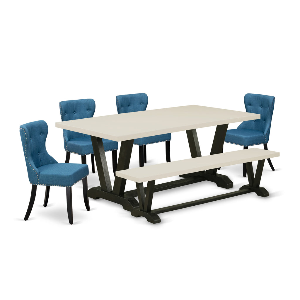 East West Furniture V627SI121-6 6 Piece Dining Table Set Contains a Rectangle Dining Room Table with V-Legs and 4 Blue Linen Fabric Parson Chairs with a Bench, 40x72 Inch, Multi-Color