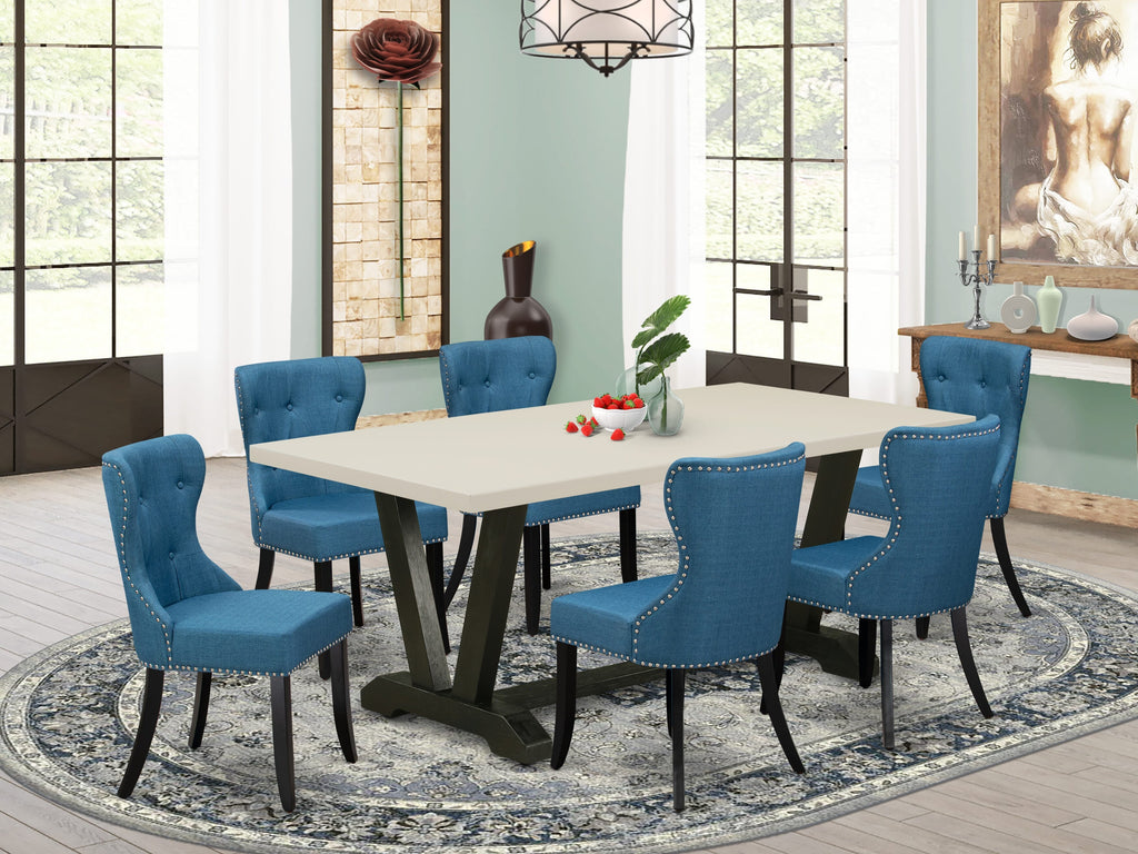 East West Furniture V627SI121-7 7 Piece Dining Table Set Consist of a Rectangle Dining Room Table with V-Legs and 6 Blue Linen Fabric Parsons Chairs, 40x72 Inch, Multi-Color