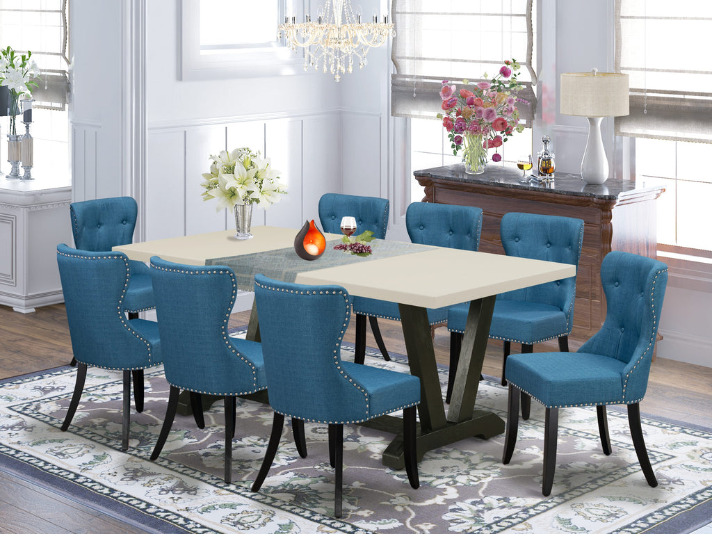 East West Furniture V627SI121-9 9 Piece Dining Table Set Includes a Rectangle Dining Room Table with V-Legs and 8 Blue Linen Fabric Parsons Chairs, 40x72 Inch, Multi-Color