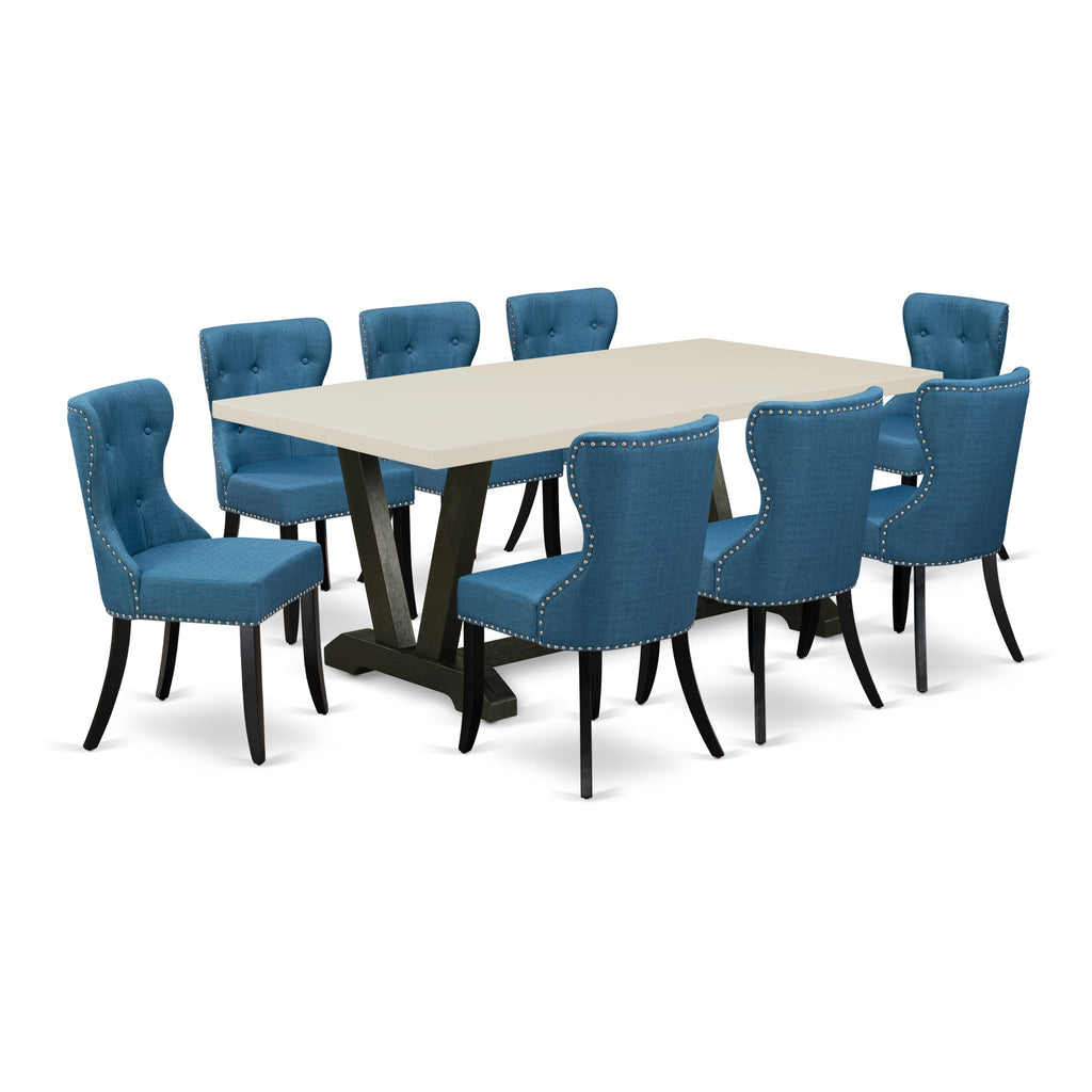 East West Furniture V627SI121-9 9 Piece Dining Table Set Includes a Rectangle Dining Room Table with V-Legs and 8 Blue Linen Fabric Parsons Chairs, 40x72 Inch, Multi-Color