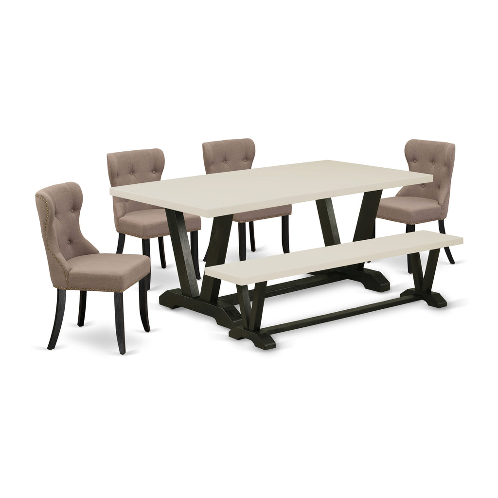 East West Furniture V627SI648-6 6 Piece Kitchen Table Set Contains a Rectangle Dining Table with V-Legs and 4 Coffee Linen Fabric Parson Chairs with a Bench, 40x72 Inch, Multi-Color