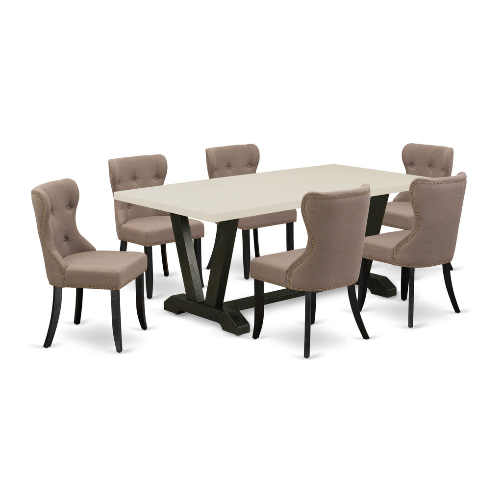 East West Furniture V627SI648-7 7 Piece Kitchen Table & Chairs Set Consist of a Rectangle Dining Room Table with V-Legs and 6 Coffee Linen Fabric Parsons Chairs, 40x72 Inch, Multi-Color