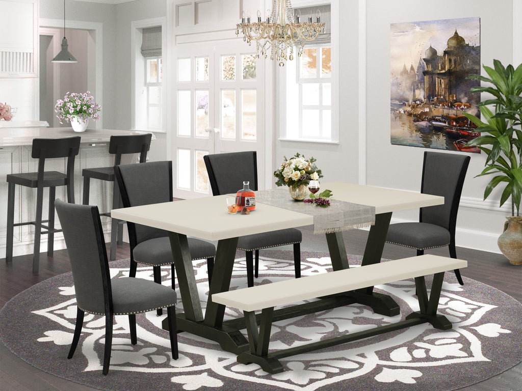 East West Furniture V627VE650-6 6 Piece Dining Table Set Contains a Rectangle Wooden Table with V-Legs and 4 Dark Gotham Linen Fabric Parson Chairs with a Bench, 40x72 Inch, Multi-Color