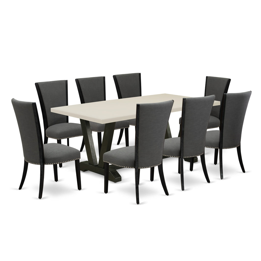 V627VE650-9 9Pc Dining Room Set - 40x72" Rectangular Table and 8 Parson Chairs - Wirebrushed Black & Linen White Color