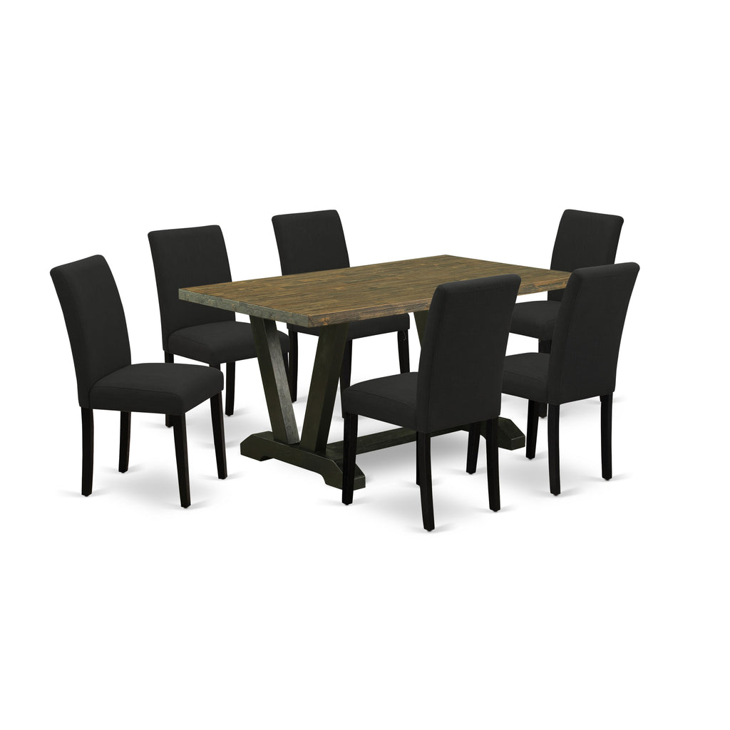 East West Furniture V676AB624-7 7 Piece Kitchen Table Set Consist of a Rectangle Dining Table with V-Legs and 6 Black Color Linen Fabric Parsons Dining Chairs, 36x60 Inch, Multi-Color