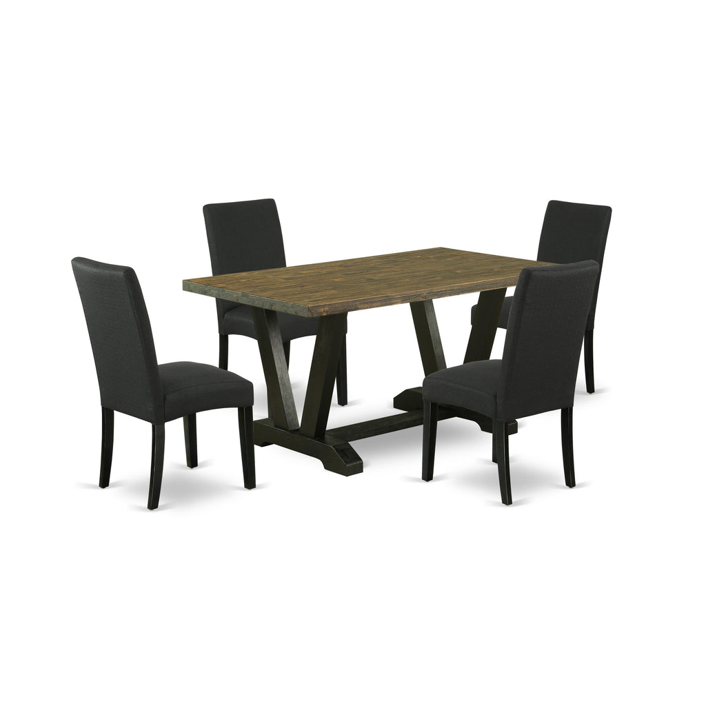 East West Furniture V676DR124-5 5 Piece Dinette Set for 4 Includes a Rectangle Dining Table with V-Legs and 4 Black Color Linen Fabric Parson Dining Room Chairs, 36x60 Inch, Multi-Color