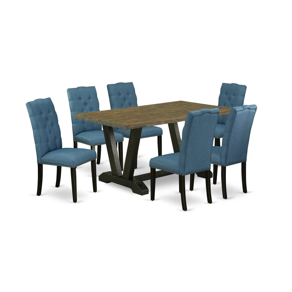 East West Furniture V676EL121-7 7 Piece Dining Room Furniture Set Consist of a Rectangle Dining Table with V-Legs and 6 Blue Linen Fabric Parsons Chairs, 36x60 Inch, Multi-Color