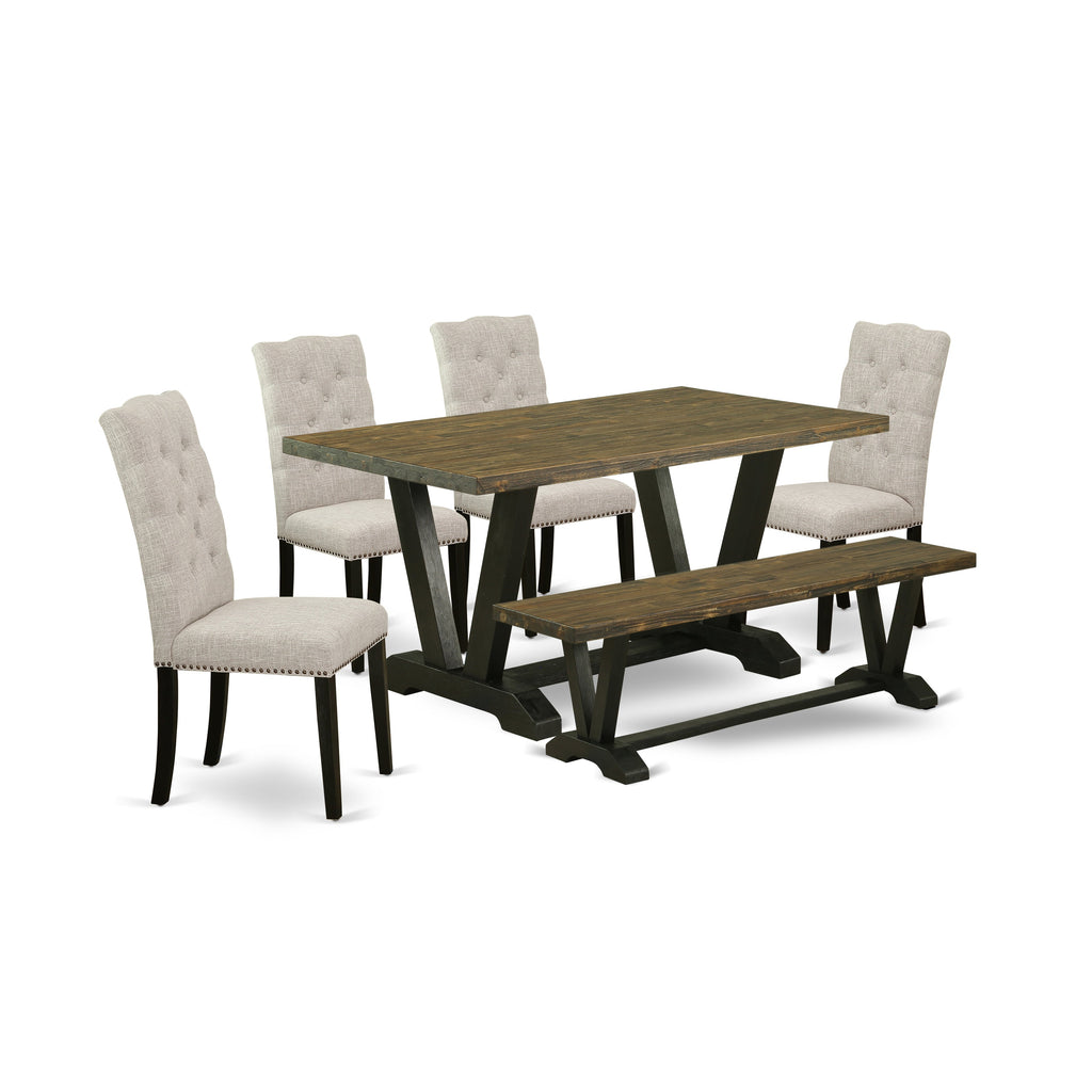 East West Furniture V676EL635-6 6 Piece Dining Room Table Set Contains a Rectangle Kitchen Table with V-Legs and 4 Doeskin Linen Fabric Parson Chairs with a Bench, 36x60 Inch, Multi-Color