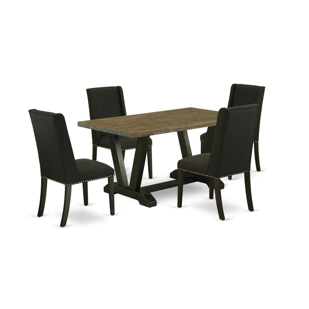 East West Furniture V676FL624-5 5 Piece Dining Table Set for 4 Includes a Rectangle Kitchen Table with V-Legs and 4 Black Linen Fabric Parson Dining Room Chairs, 36x60 Inch, Multi-Color