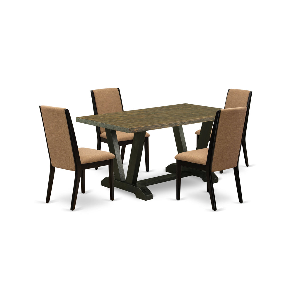 East West Furniture V676LA147-5 5 Piece Dining Set Includes a Rectangle Dining Room Table with V-Legs and 4 Light Sable Linen Fabric Upholstered Parson Chairs, 36x60 Inch, Multi-Color