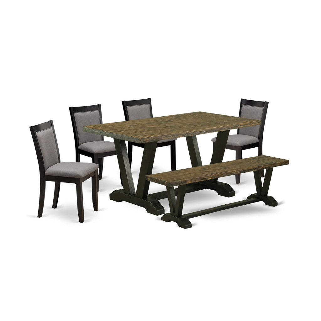 V676MZ150-6 6Pc Dining Set - 36x60" Rectangular Table, 4 Parson Chairs and a Bench - Wirebrushed Black & Distressed Jacobean Color
