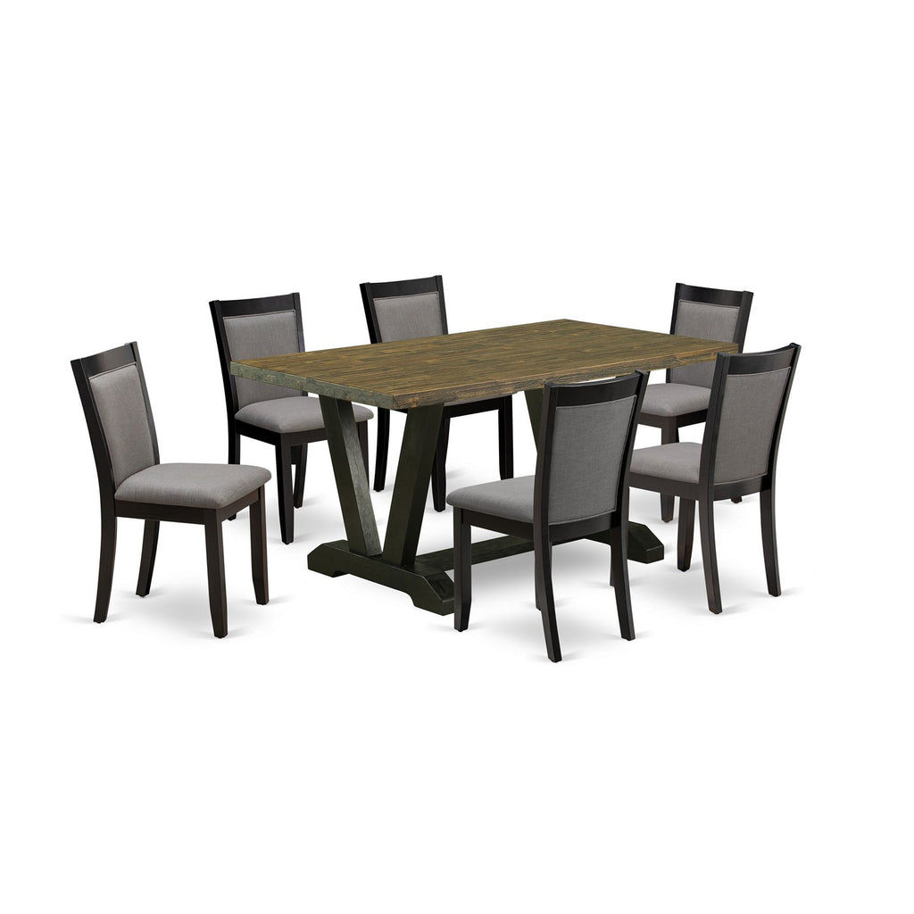 V676MZ150-7 7Pc Dining Set - 36x60" Rectangular Table and 6 Parson Chairs - Wirebrushed Black & Distressed Jacobean Color