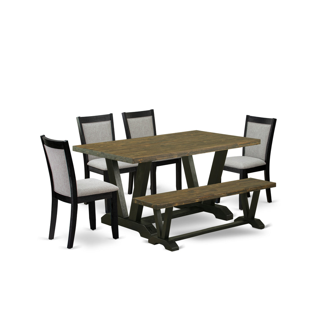 East West Furniture V676MZ606-6 6 Piece Dinette Set Contains a Rectangle Dining Room Table with V-Legs and 4 Shitake Linen Fabric Parson Chairs with a Bench, 36x60 Inch, Multi-Color