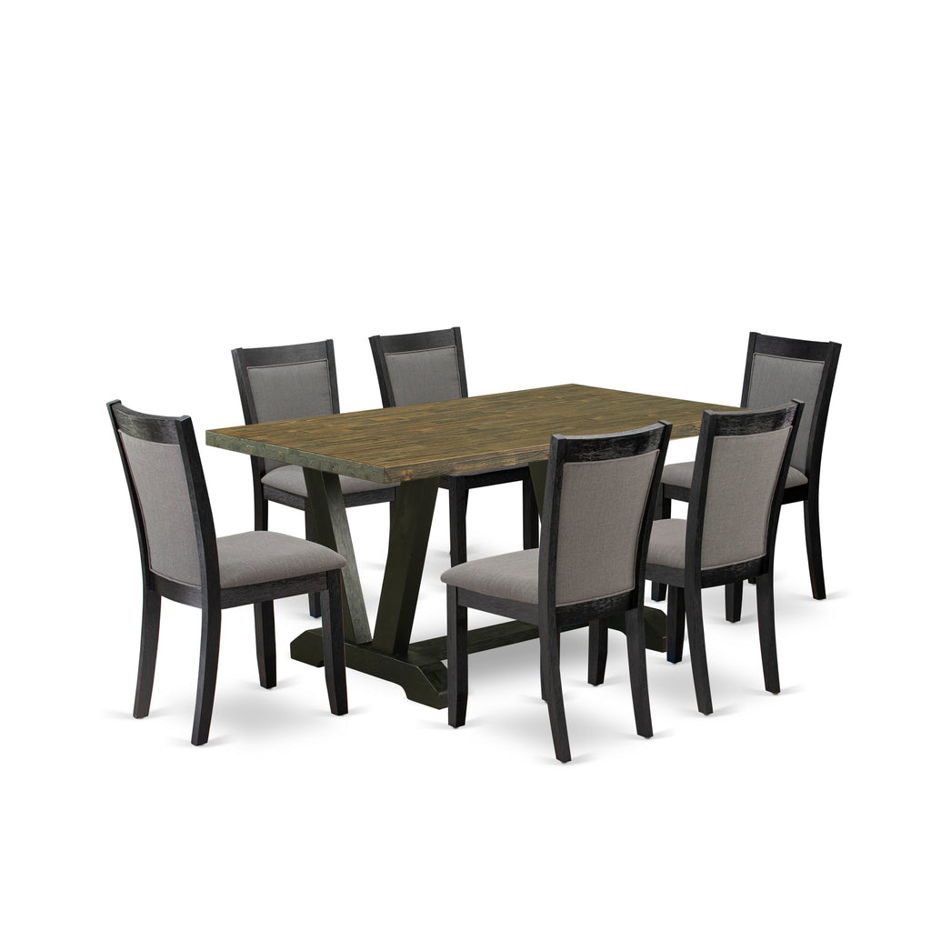 East West Furniture V676MZ650-7 7 Piece Dining Set Consist of a Rectangle Dining Room Table with V-Legs and 6 Dark Gotham Grey Linen Fabric Upholstered Chairs, 36x60 Inch, Multi-Color