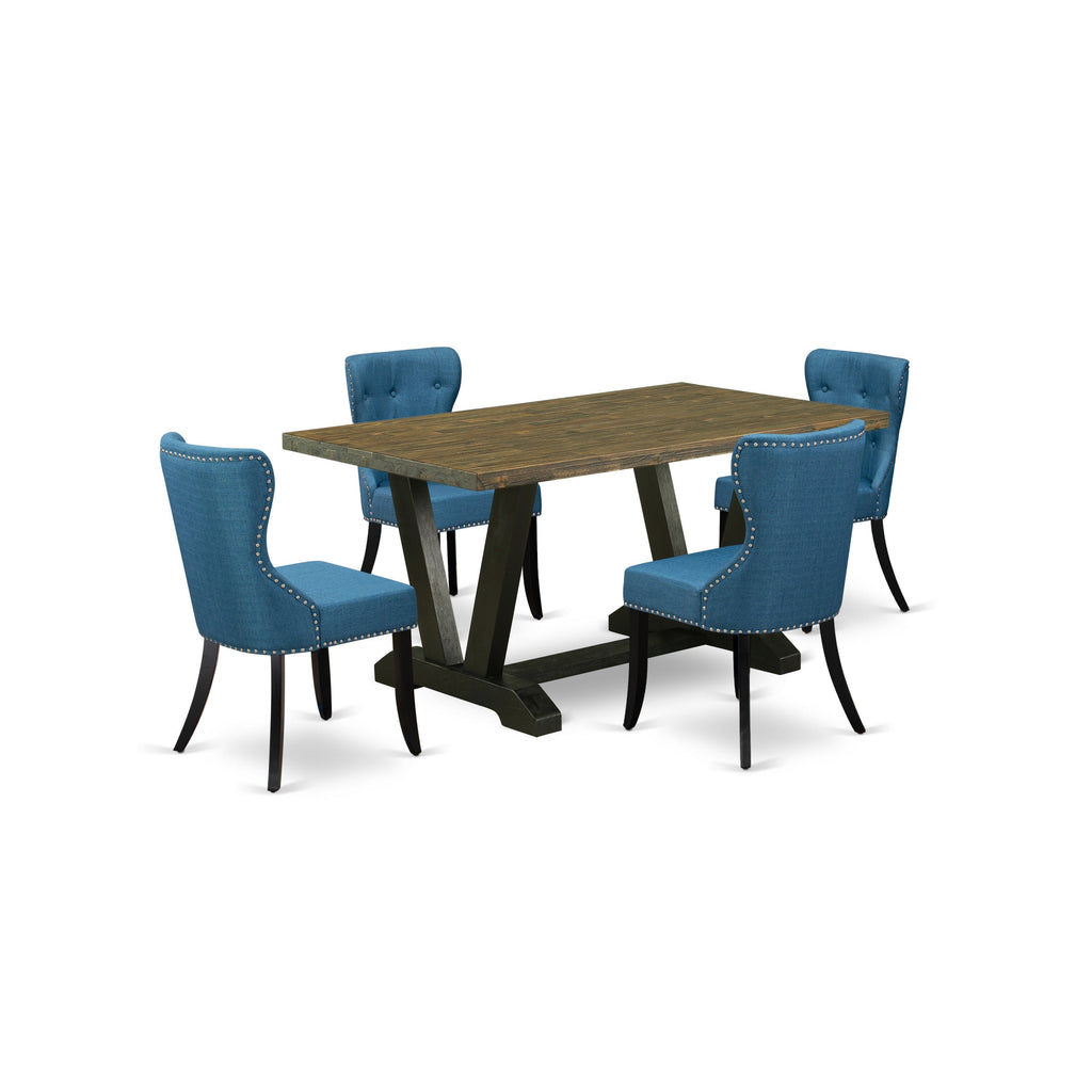 East West Furniture V676SI121-5 5 Piece Kitchen Table Set for 4 Includes a Rectangle Dining Table with V-Legs and 4 Blue Linen Fabric Parson Dining Room Chairs, 36x60 Inch, Multi-Color