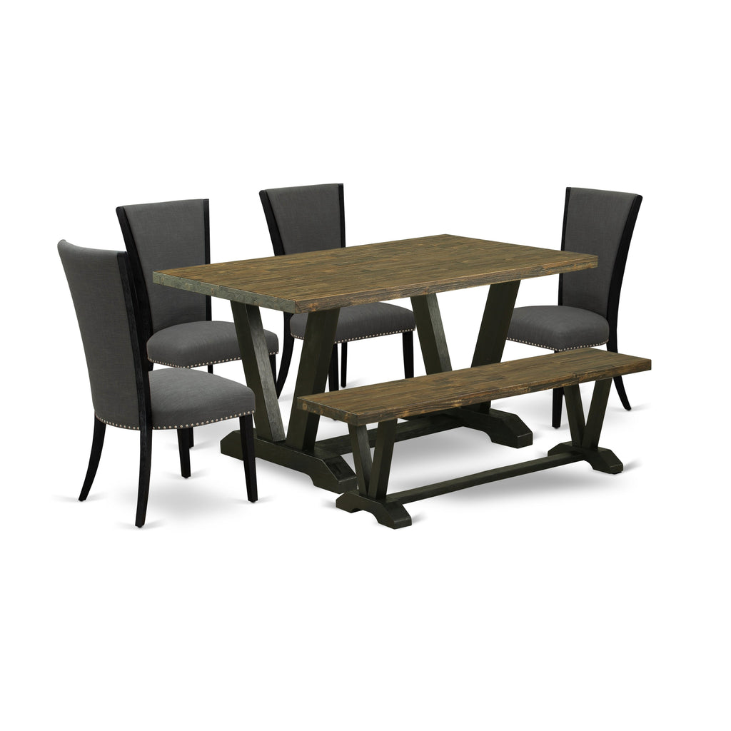 East West Furniture V676VE650-6 6 Piece Kitchen Table Set Contains a Rectangle Dining Table with V-Legs and 4 Dark Gotham Linen Fabric Parson Chairs with a Bench, 36x60 Inch, Multi-Color