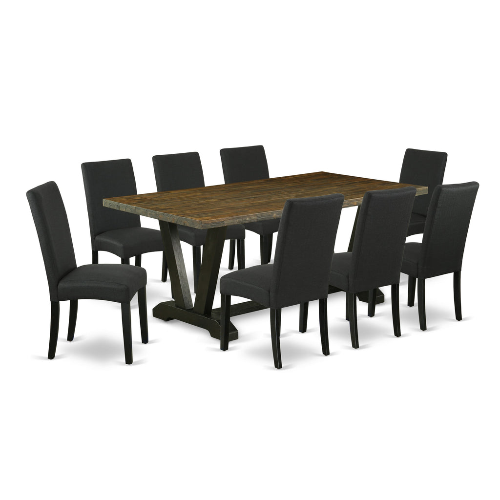 East West Furniture V677DR124-9 9 Piece Dining Set Includes a Rectangle Dining Room Table with V-Legs and 8 Black Color Linen Fabric Upholstered Parson Chairs, 40x72 Inch, Multi-Color