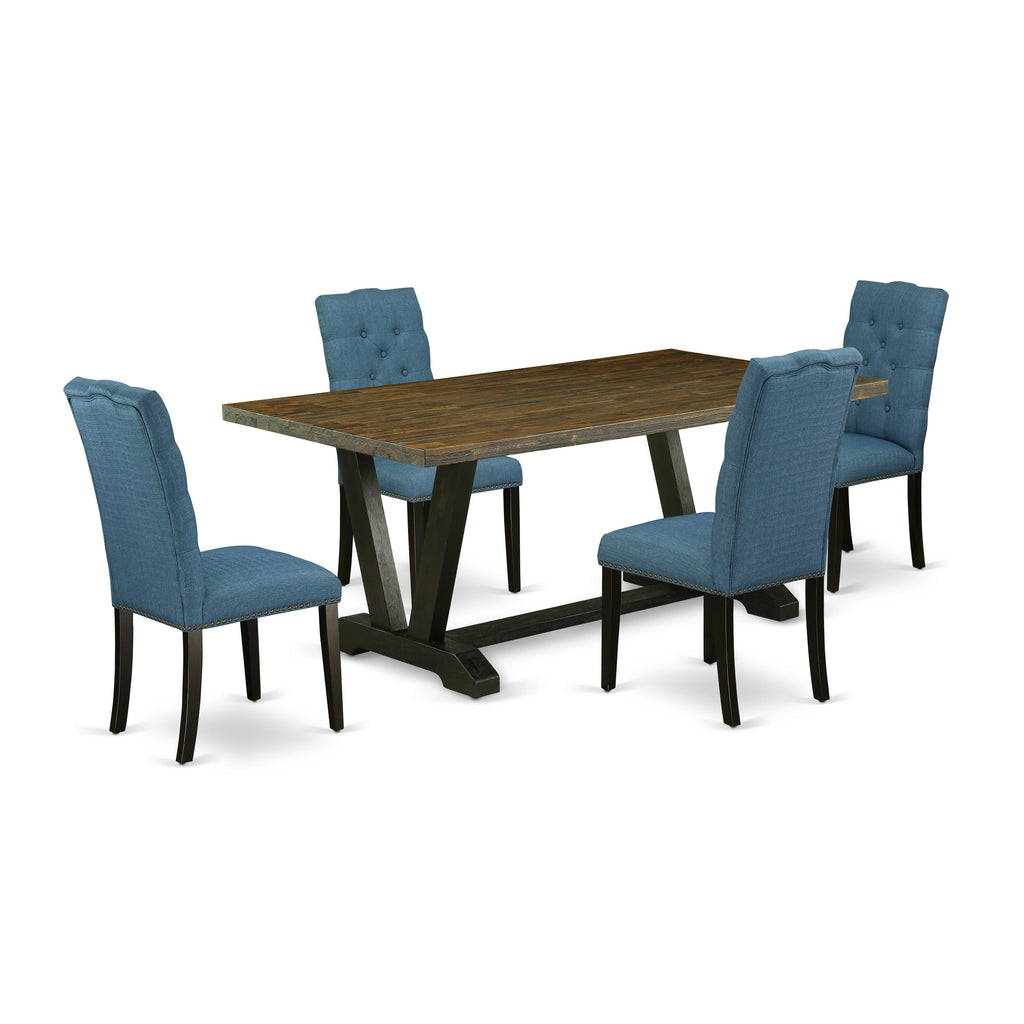 East West Furniture V677EL121-5 5 Piece Modern Dining Table Set Includes a Rectangle Wooden Table with V-Legs and 4 Blue Linen Fabric Parsons Dining Chairs, 40x72 Inch, Multi-Color