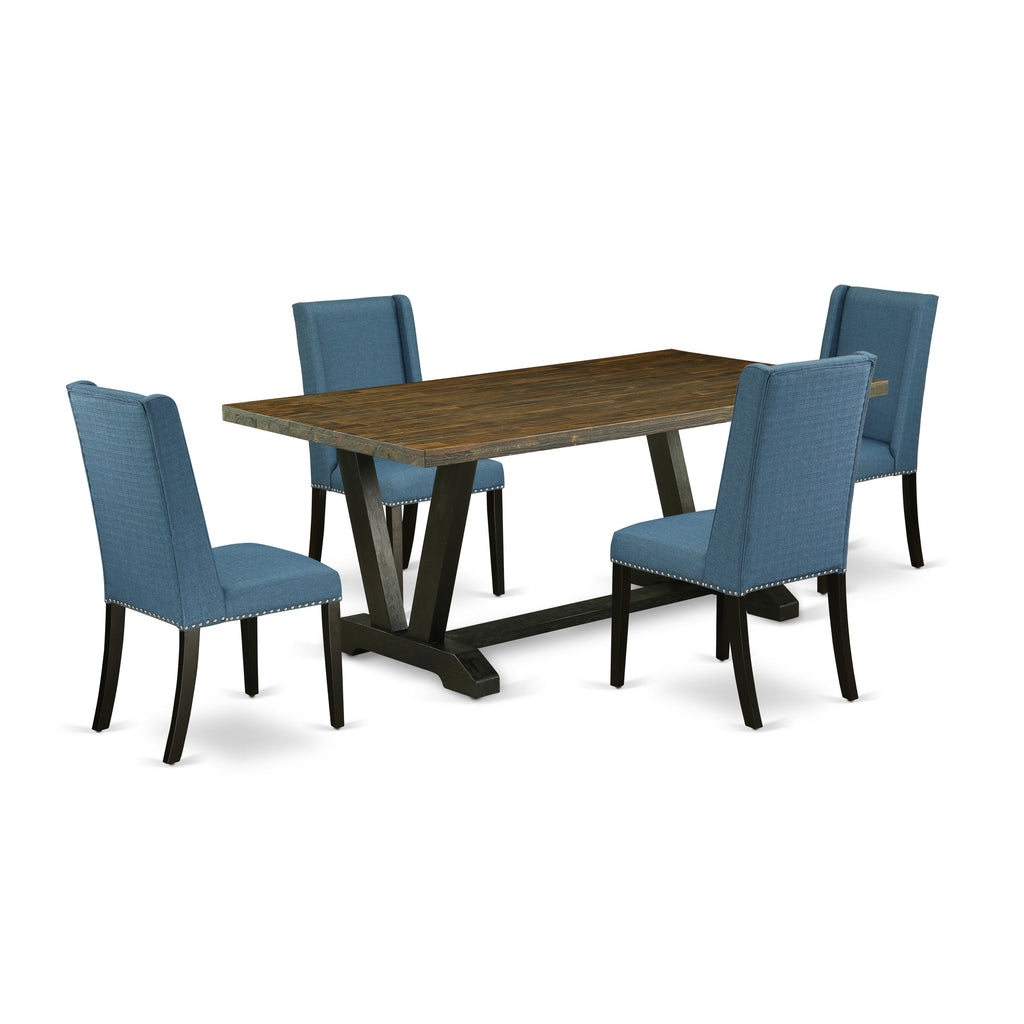 East West Furniture V677FL121-5 5 Piece Dining Room Table Set Includes a Rectangle Dining Table with V-Legs and 4 Blue Linen Fabric Upholstered Parson Chairs, 40x72 Inch, Multi-Color