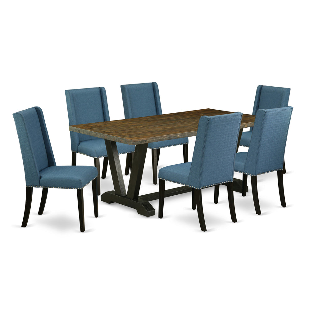 East West Furniture V677FL121-7 7 Piece Kitchen Table & Chairs Set Consist of a Rectangle Dining Room Table with V-Legs and 6 Blue Linen Fabric Parson Dining Chairs, 40x72 Inch, Multi-Color