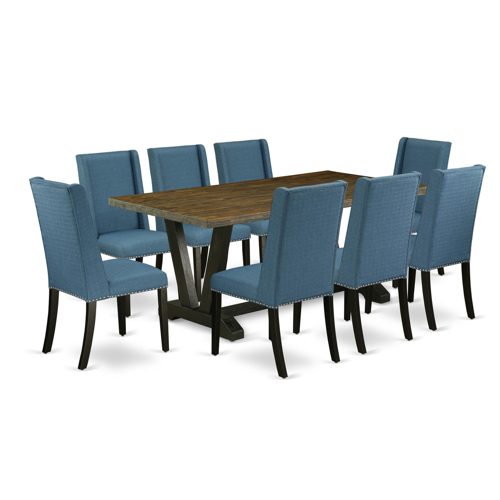 East West Furniture V677FL121-9 9 Piece Kitchen Table & Chairs Set Includes a Rectangle Dining Room Table with V-Legs and 8 Blue Linen Fabric Upholstered Chairs, 40x72 Inch, Multi-Color