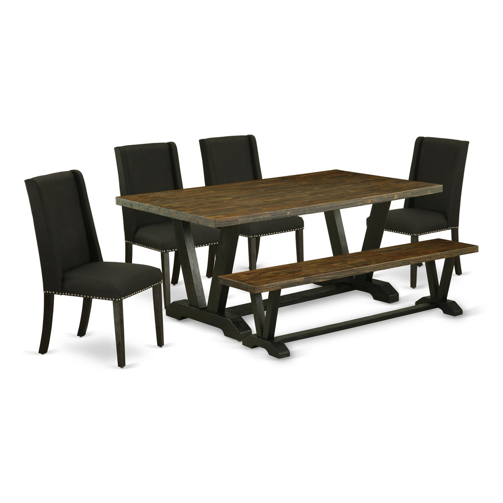 East West Furniture V677FL624-6 6 Piece Dining Room Set Contains a Rectangle Dining Table with V-Legs and 4 Black Linen Fabric Parson Chairs with a Bench, 40x72 Inch, Multi-Color