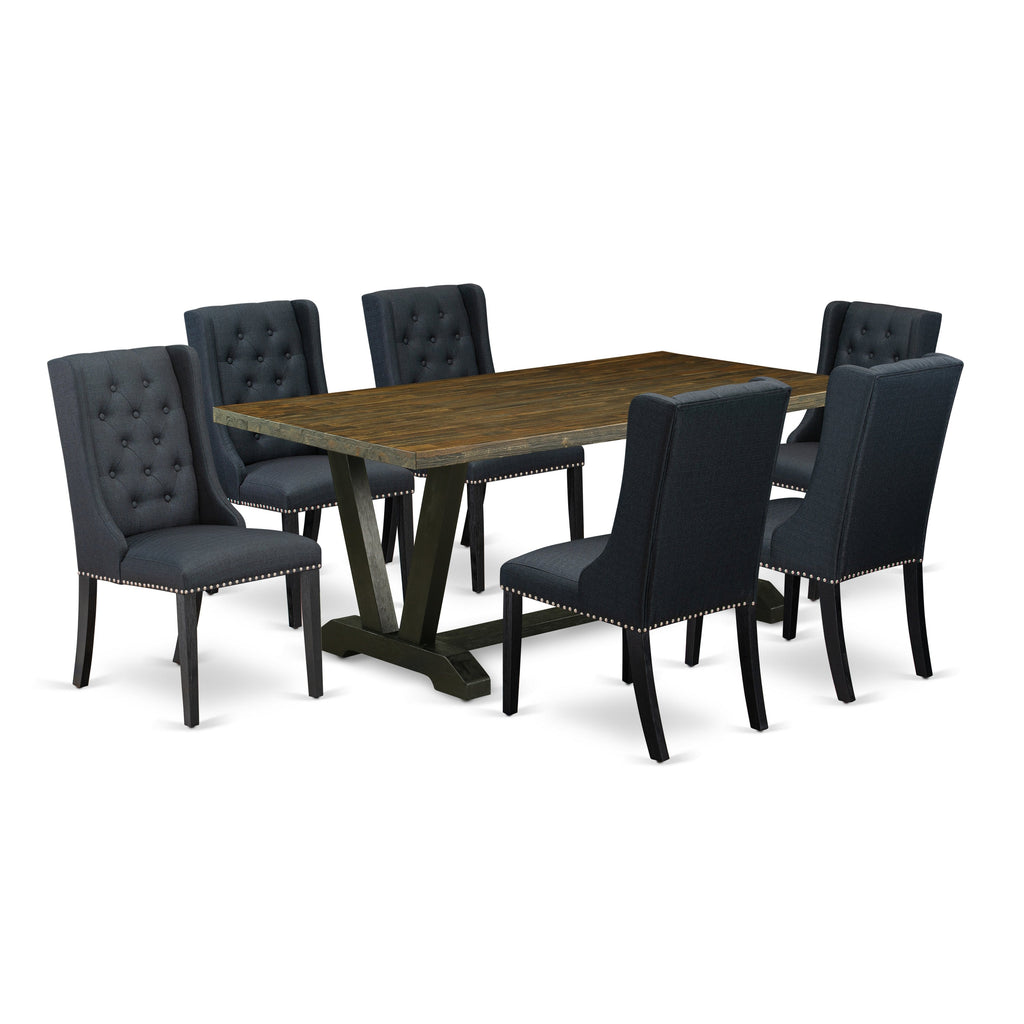 East West Furniture V677FO624-7 7 Piece Modern Dining Table Set Consist of a Rectangle Wooden Table with V-Legs and 6 Black Linen Fabric Parson Dining Chairs, 40x72 Inch, Multi-Color