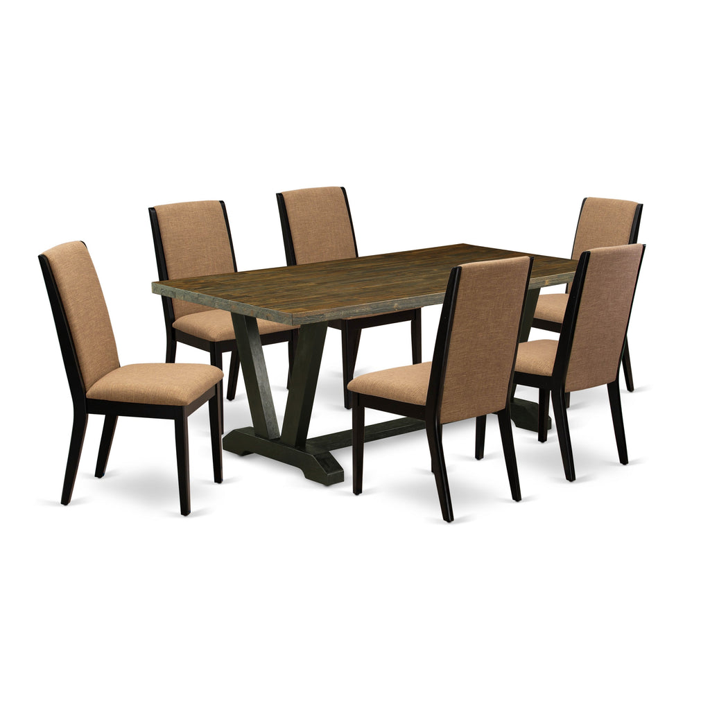 East West Furniture V677LA147-7 7 Piece Dinette Set Consist of a Rectangle Dining Room Table with V-Legs and 6 Light Sable Linen Fabric Parson Dining Chairs, 40x72 Inch, Multi-Color