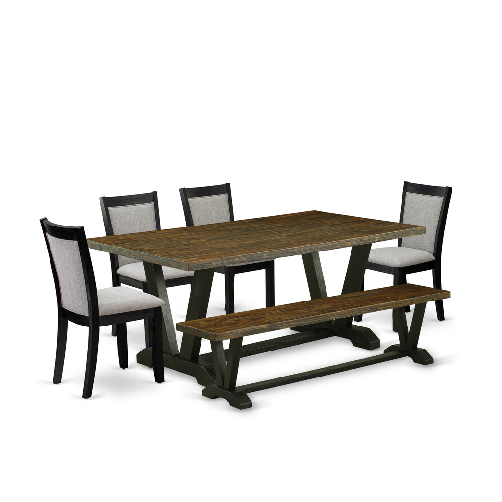 East West Furniture V677MZ606-6 6 Piece Dinette Set Contains a Rectangle Dining Room Table with V-Legs and 4 Shitake Linen Fabric Parson Chairs with a Bench, 40x72 Inch, Multi-Color