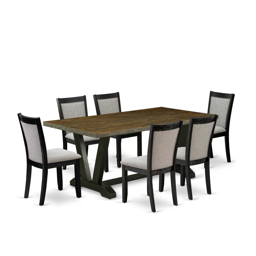East West Furniture V677MZ606-7 7 Piece Modern Dining Table Set Consist of a Rectangle Wooden Table with V-Legs and 6 Shitake Linen Fabric Upholstered Chairs, 40x72 Inch, Multi-Color