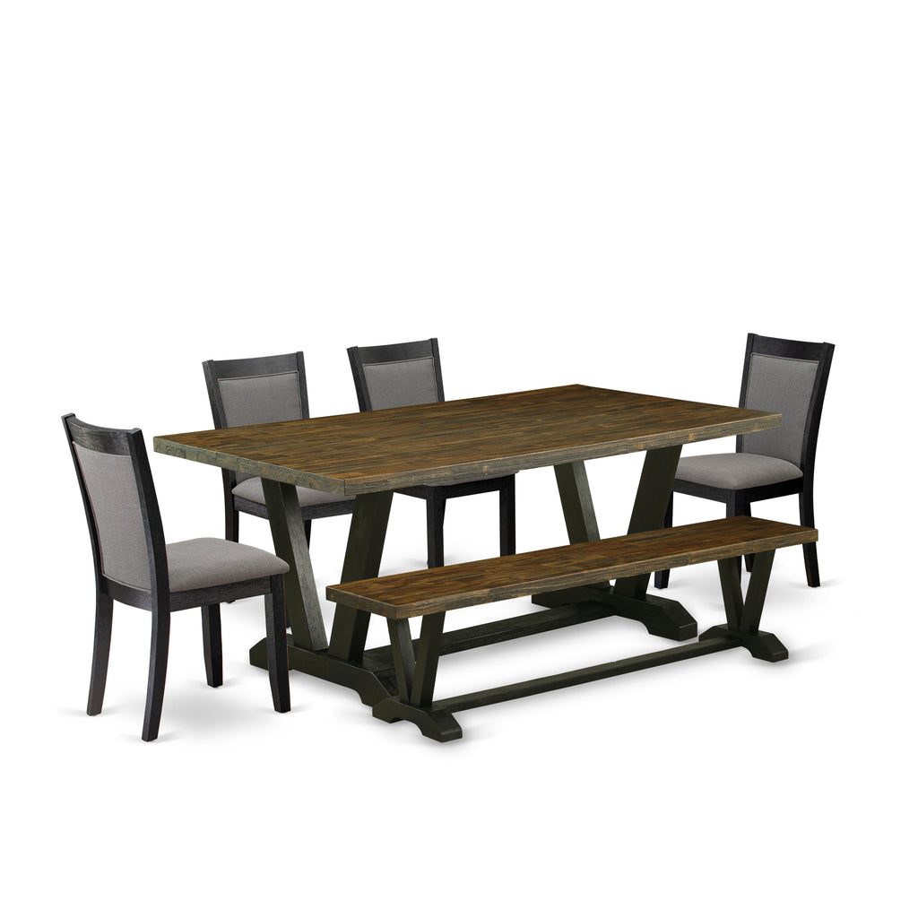 East West Furniture V677MZ650-6 6 Piece Dining Set Contains a Rectangle Dining Room Table with V-Legs and 4 Dark Gotham Grey Linen Fabric Parson Chairs with a Bench, 40x72 Inch, Multi-Color