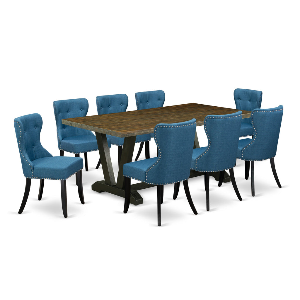 East West Furniture V677SI121-9 9 Piece Dining Room Table Set Includes a Rectangle Dining Table with V-Legs and 8 Blue Linen Fabric Upholstered Parson Chairs, 40x72 Inch, Multi-Color