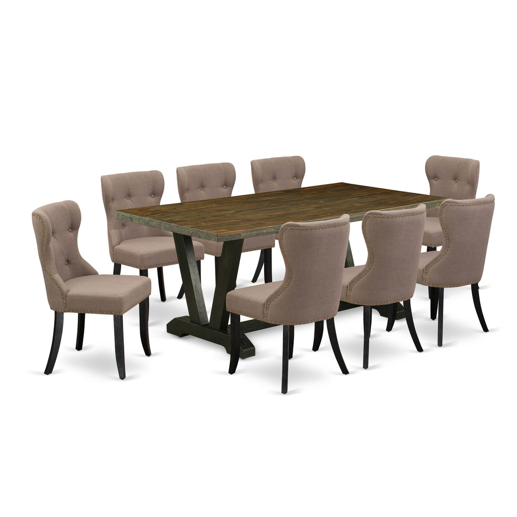 East West Furniture V677SI648-9 9 Piece Dining Set Includes a Rectangle Dining Room Table with V-Legs and 8 Coffee Linen Fabric Upholstered Parson Chairs, 40x72 Inch, Multi-Color