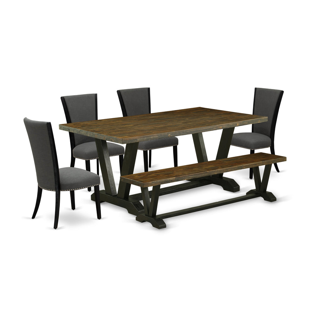 East West Furniture V677VE650-6 6 Piece Dining Table Set Contains a Rectangle Kitchen Table with V-Legs and 4 Dark Gotham Linen Fabric Parson Chairs with a Bench, 40x72 Inch, Multi-Color