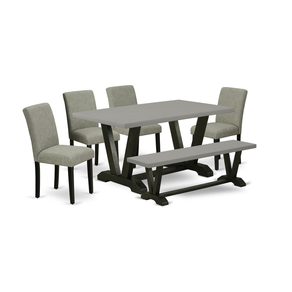 East West Furniture V696AB106-6 6 Piece Modern Dining Table Set Contains a Rectangle Wooden Table with V-Legs and 4 Shitake Linen Fabric Parson Chairs with a Bench, 36x60 Inch, Multi-Color