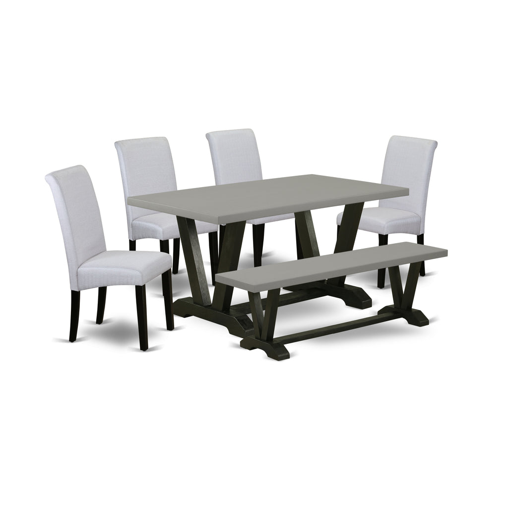 V696BA105-6 6Pc Kitchen Set - 36x60" Rectangular Table, 4 Parson Chairs and a Bench - Wirebrushed Black & Cement Color