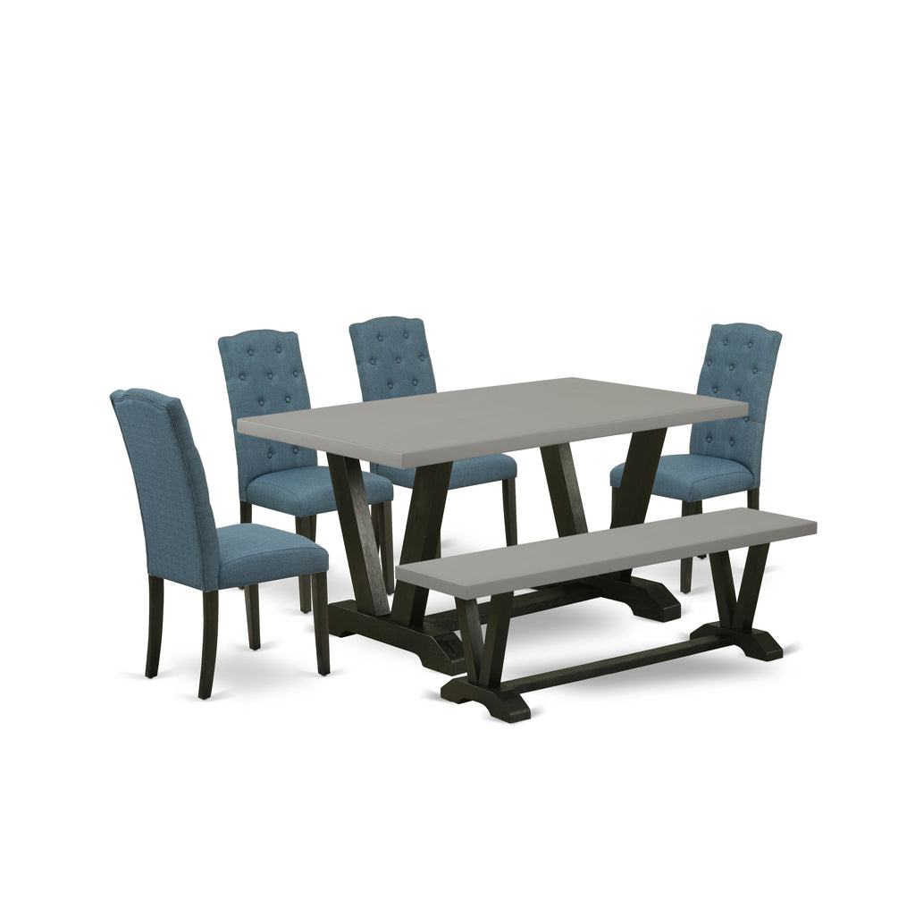 V696CE121-6 6Pc Dining Room Set - 36x60" Rectangular Table, 4 Parson Chairs and a Bench - Wirebrushed Black & Cement Color