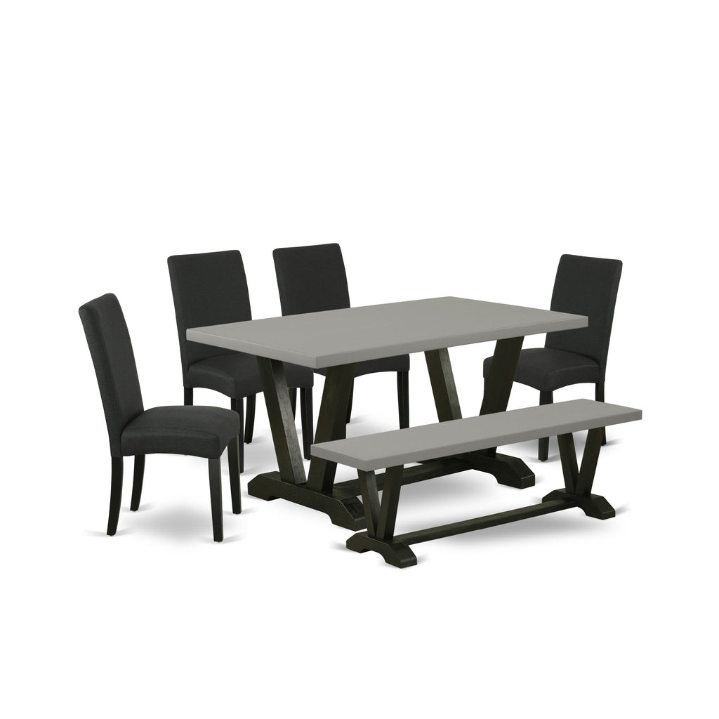 East West Furniture V696DR124-6 6 Piece Kitchen Table Set Contains a Rectangle Dining Table with V-Legs and 4 Black Color Linen Fabric Parson Chairs with a Bench, 36x60 Inch, Multi-Color
