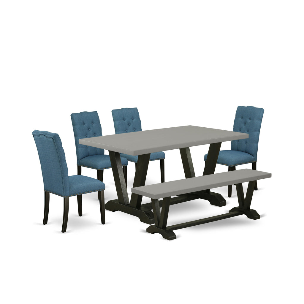 East West Furniture V696EL121-6 6 Piece Dining Room Table Set Contains a Rectangle Dining Table with V-Legs and 4 Blue Linen Fabric Parson Chairs with a Bench, 36x60 Inch, Multi-Color