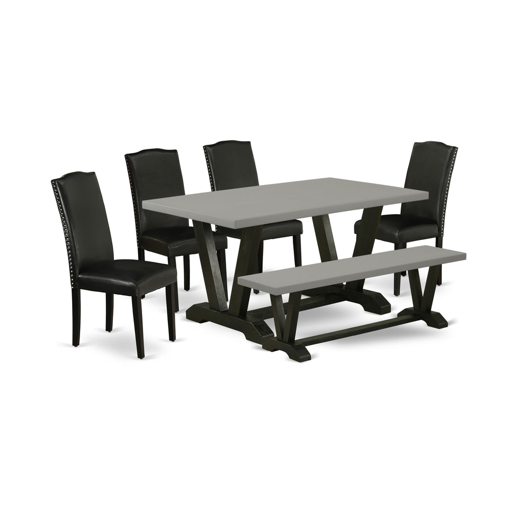 East West Furniture V696EN169-6 6 Piece Dinette Set Contains a Rectangle Dining Room Table with V-Legs and 4 Black Faux Leather Upholstered Chairs with a Bench, 36x60 Inch, Multi-Color