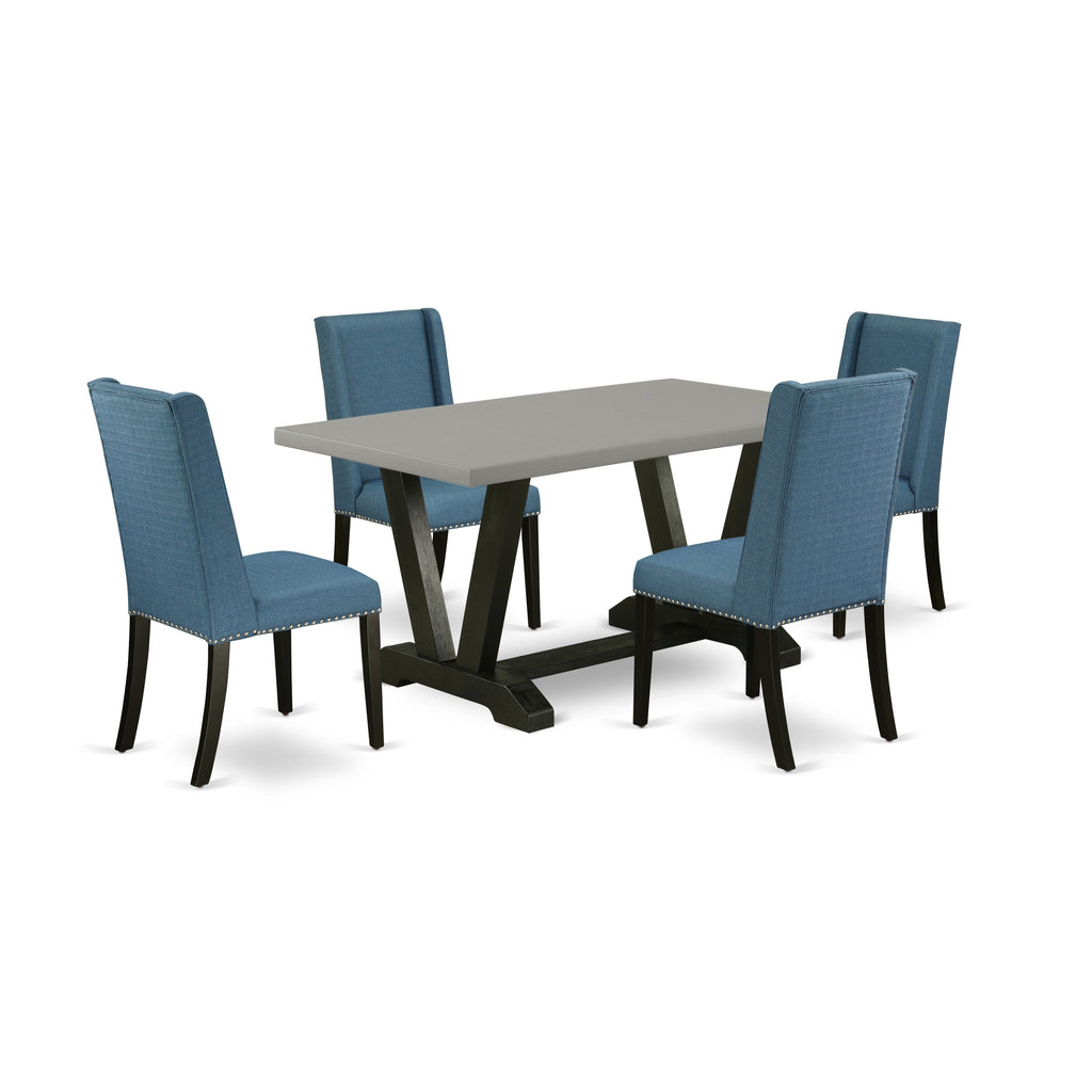 East West Furniture V696FL121-5 5 Piece Kitchen Table Set for 4 Includes a Rectangle Dining Room Table with V-Legs and 4 Blue Linen Fabric Upholstered Chairs, 36x60 Inch, Multi-Color