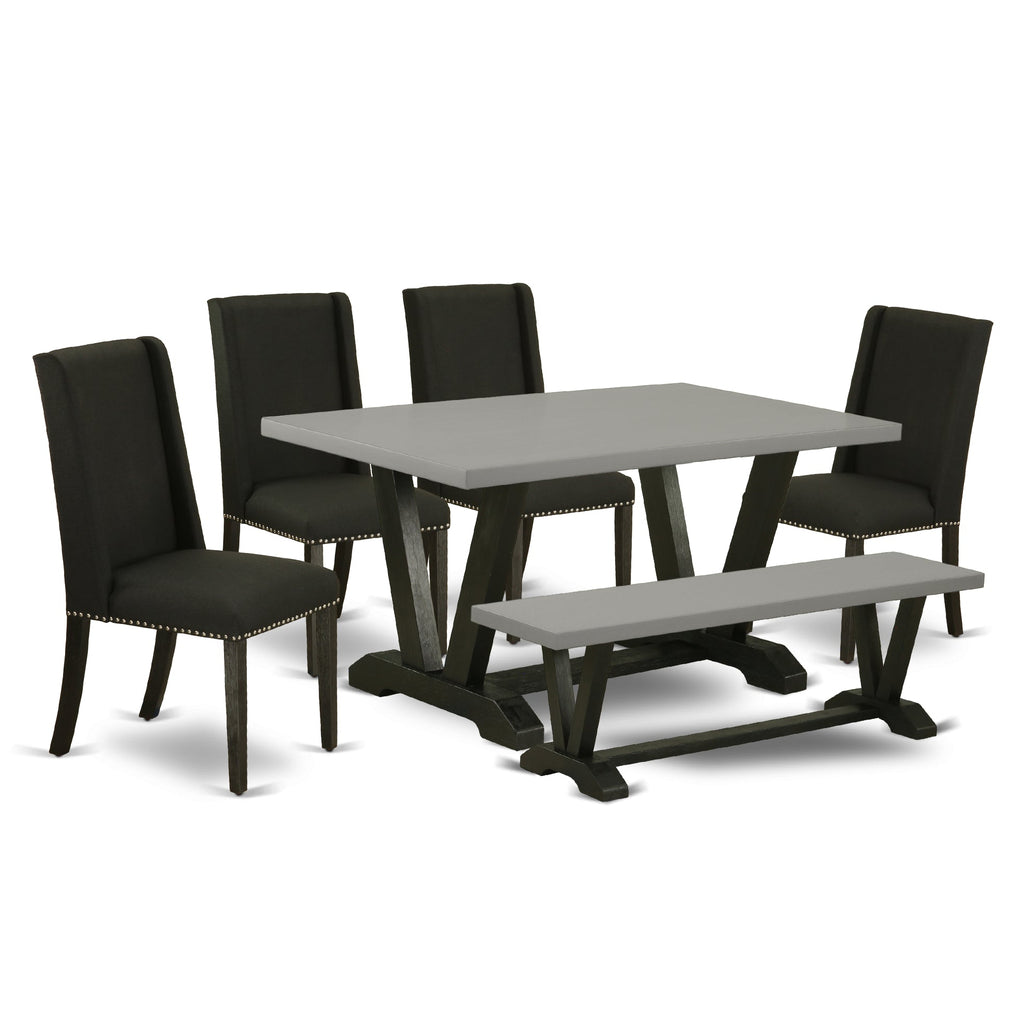 East West Furniture V696FL624-6 6 Piece Modern Dining Table Set Contains a Rectangle Wooden Table with V-Legs and 4 Black Linen Fabric Parson Chairs with a Bench, 36x60 Inch, Multi-Color