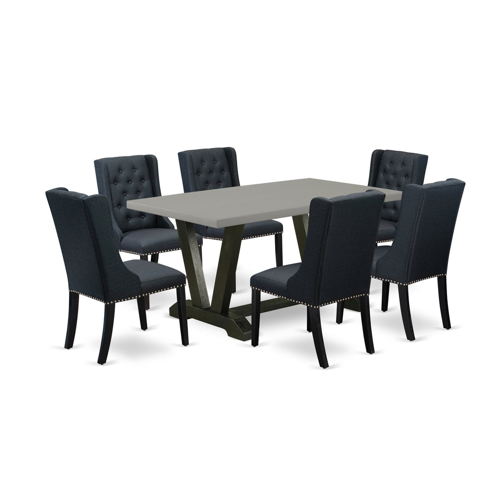 East West Furniture V696FO624-7 7 Piece Kitchen Table Set Consist of a Rectangle Dining Table with V-Legs and 6 Black Linen Fabric Parson Dining Room Chairs, 36x60 Inch, Multi-Color