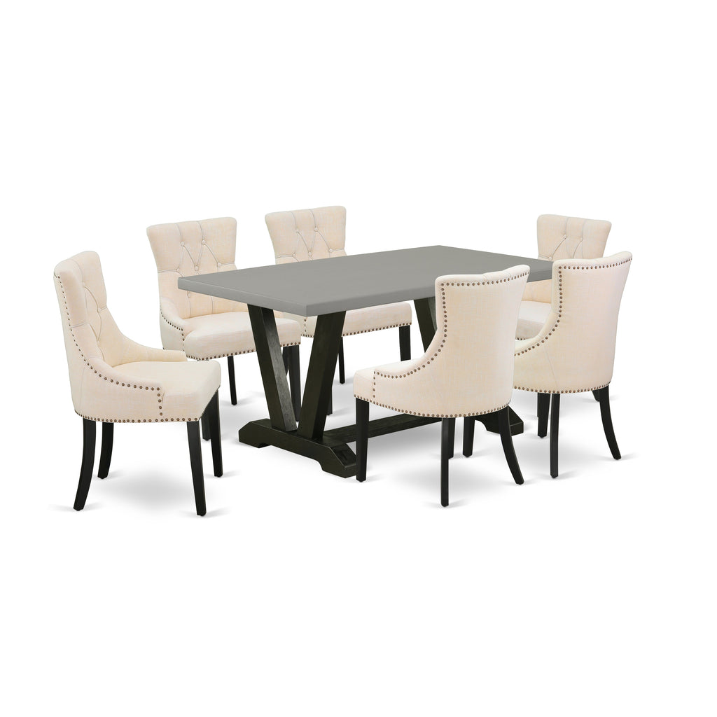 East West Furniture V696FR102-7 7 Piece Dinette Set Consist of a Rectangle Dining Room Table with V-Legs and 6 Light Beige Linen Fabric Upholstered Parson Chairs, 36x60 Inch, Multi-Color