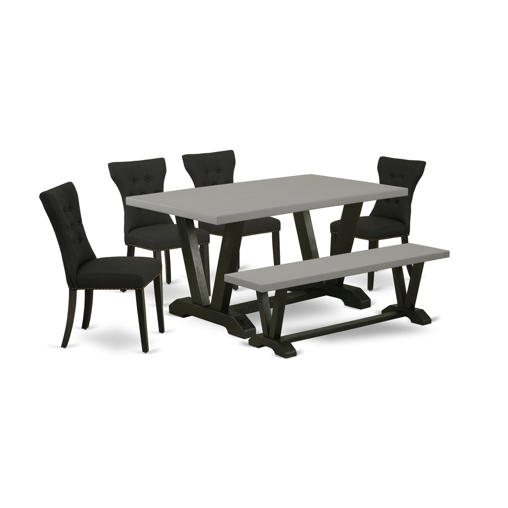 V696GA124-6 6Pc Dining Room Set - 36x60" Rectangular Table, 4 Parson Chairs and a Bench - Wirebrushed Black & Cement Color