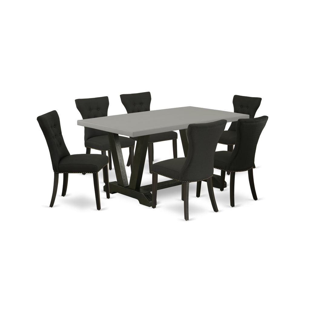 V696GA124-7 7Pc Dining Room Set - 36x60" Rectangular Table and 6 Parson Dining Chairs - Wirebrushed Black & Cement Color