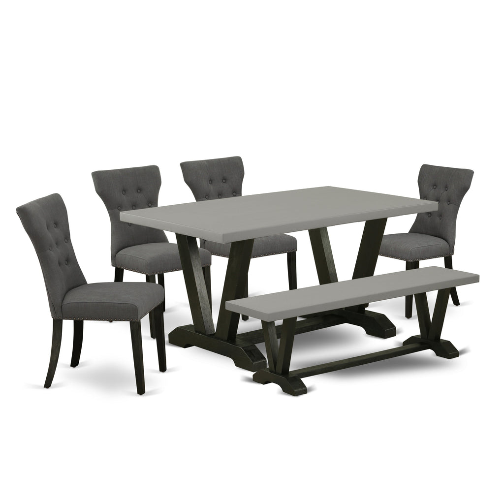 East West Furniture V696GA650-6 6 Piece Kitchen Table Set Contains a Rectangle Dining Table with V-Legs and 4 Dark Gotham Linen Fabric Parson Chairs with a Bench, 36x60 Inch, Multi-Color