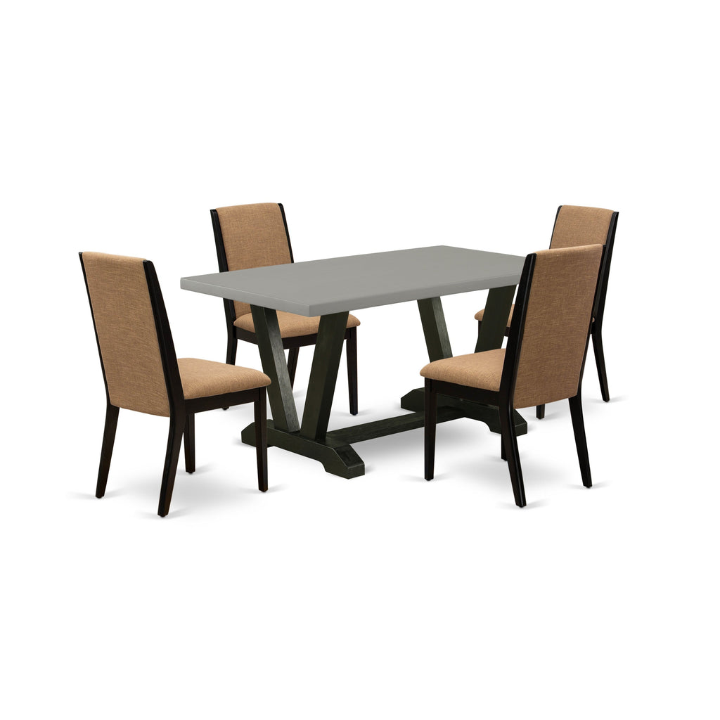 East West Furniture V696LA147-5 5 Piece Dining Room Table Set Includes a Rectangle Dining Table with V-Legs and 4 Light Sable Linen Fabric Upholstered Chairs, 36x60 Inch, Multi-Color