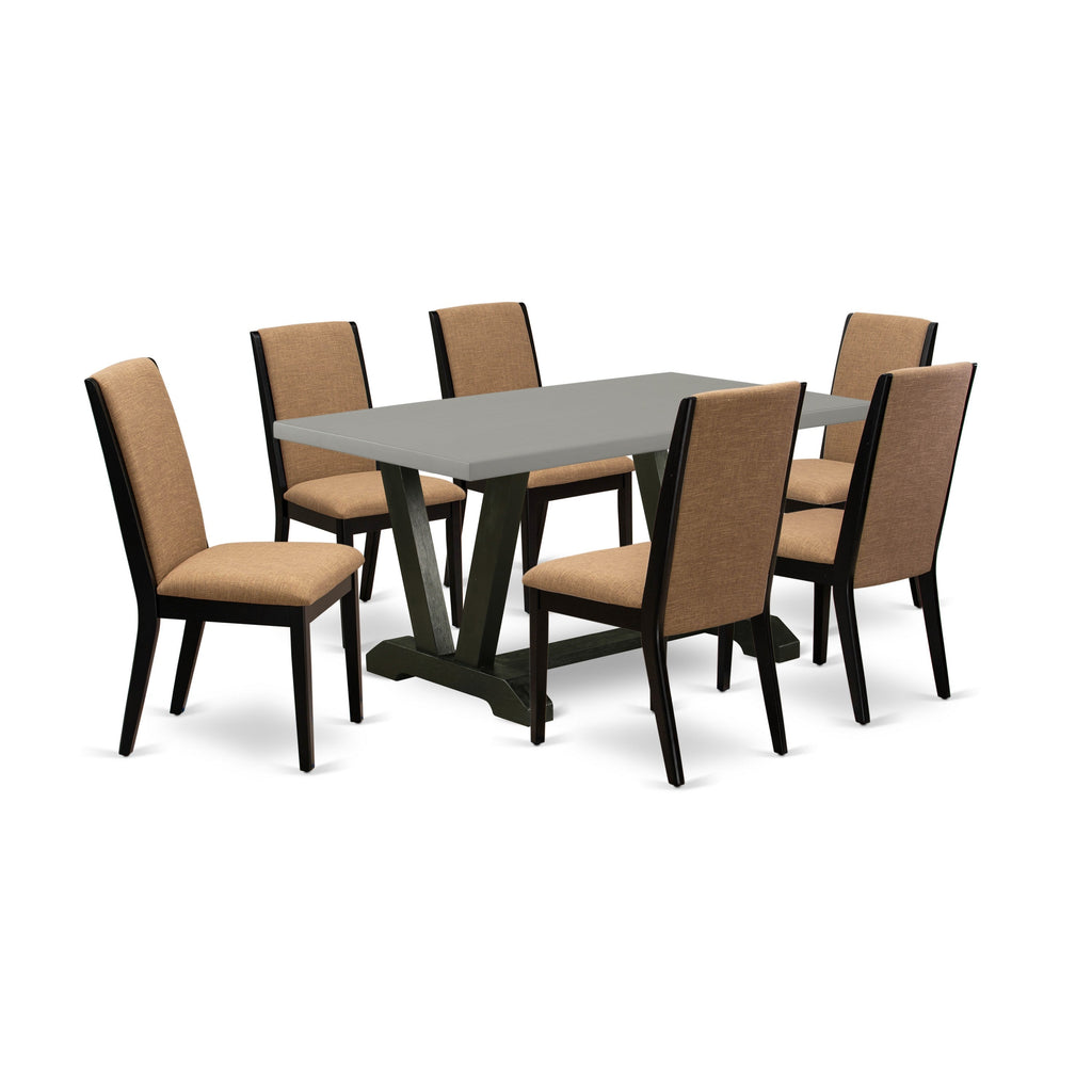 East West Furniture V696LA147-7 7 Piece Dining Room Furniture Set Consist of a Rectangle Dining Table with V-Legs and 6 Light Sable Linen Fabric Upholstered Chairs, 36x60 Inch, Multi-Color